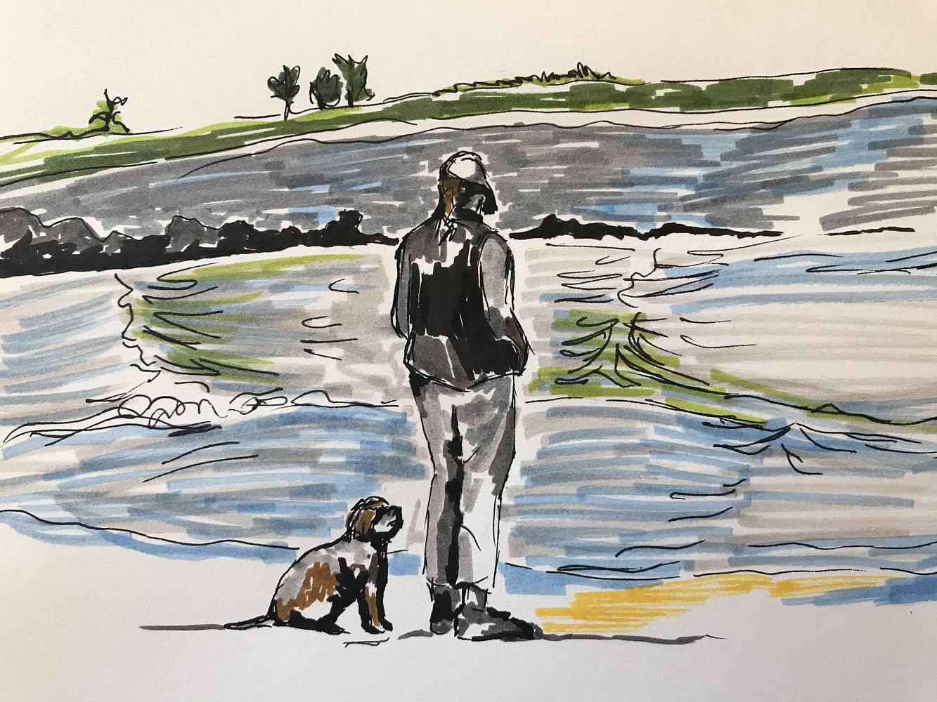 Drawing Man and Dog on Beach by Melissa Kenyon Mcintyre