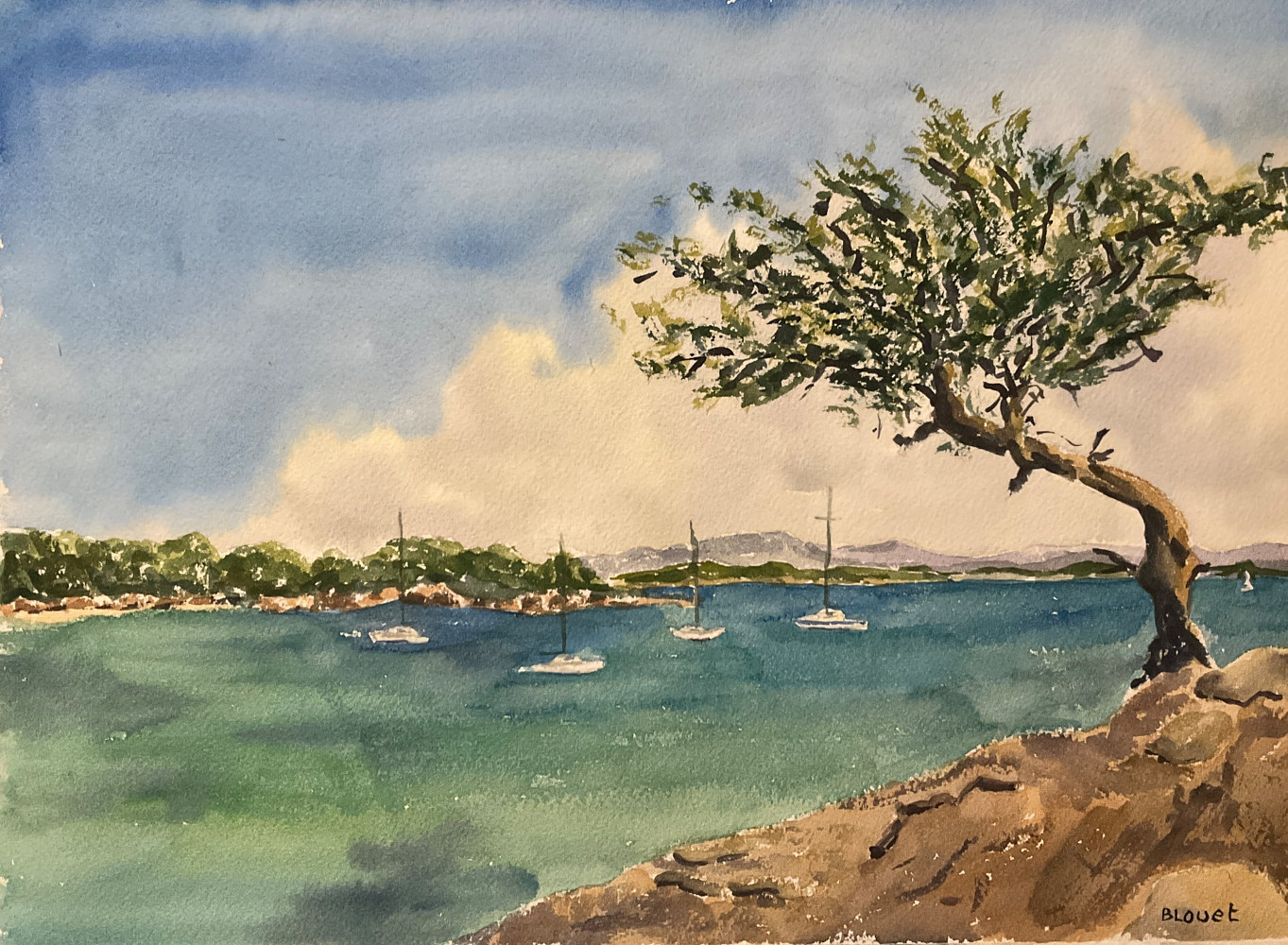 Watercolor Mouillage a la plage d'Argent by Sophie Dassonville
