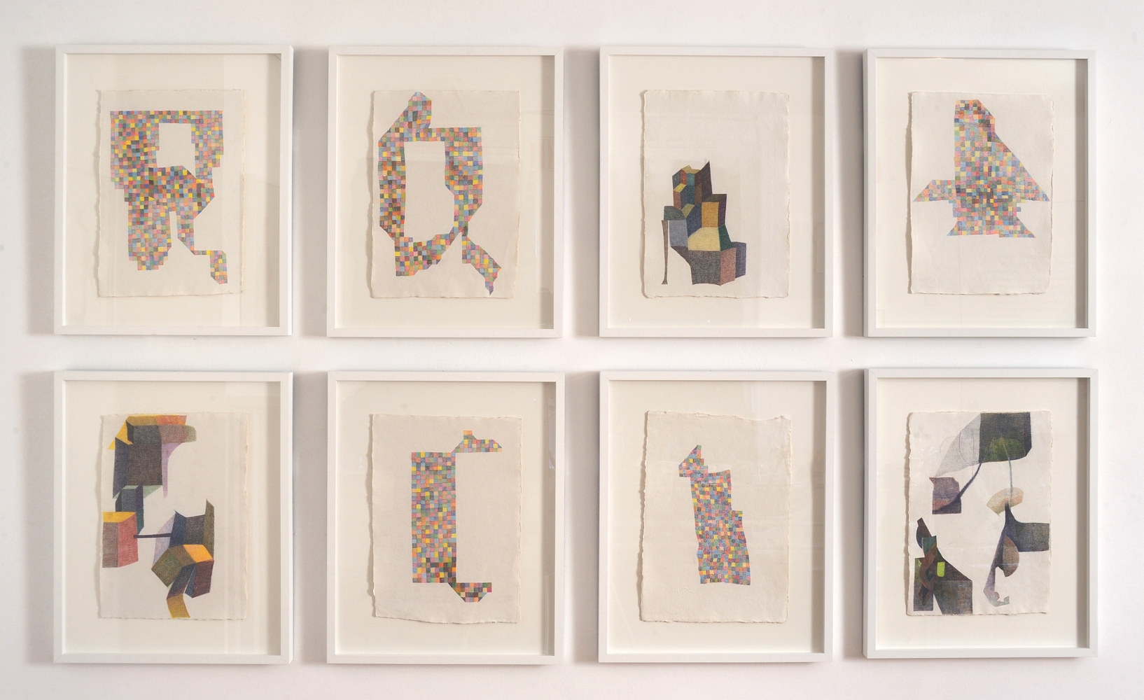 Installation view: Drawing to Mind, watercolor pencil on paper, 23 1/2" each, framed, 16" x 12" unframed by Judy Southerland