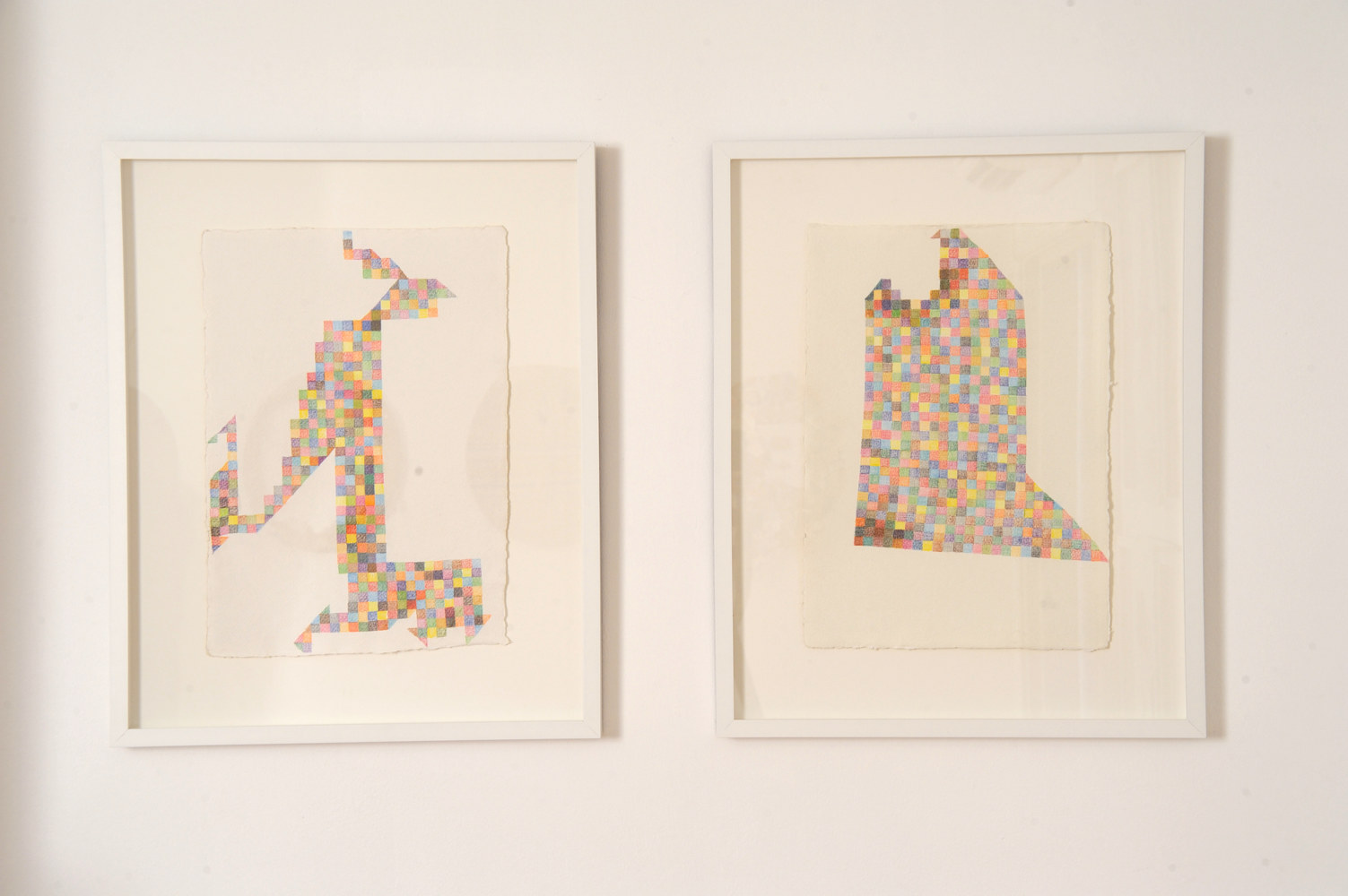 Watercolor Installation view: Drawing to Mind, watercolor pencil on paper, 23 1/2" each, framed, 16" x 12" unframed by Judy Southerland