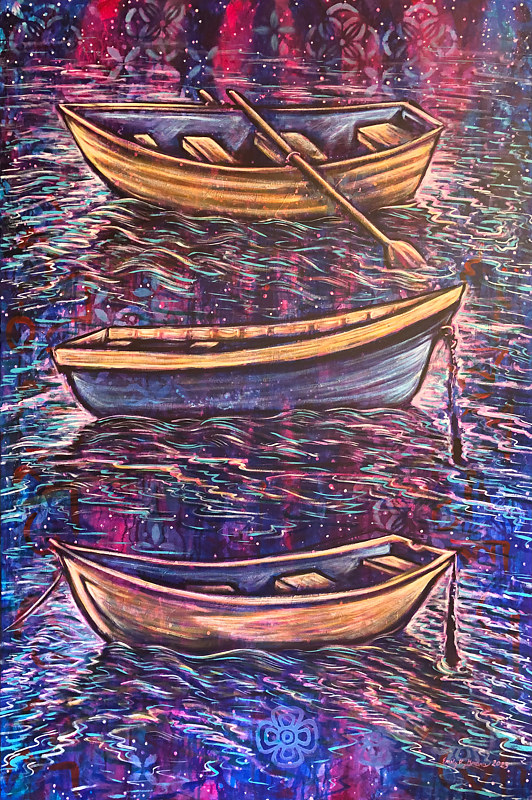 Acrylic painting Three Boats Navigating Miracles by Emily K. Grieves
