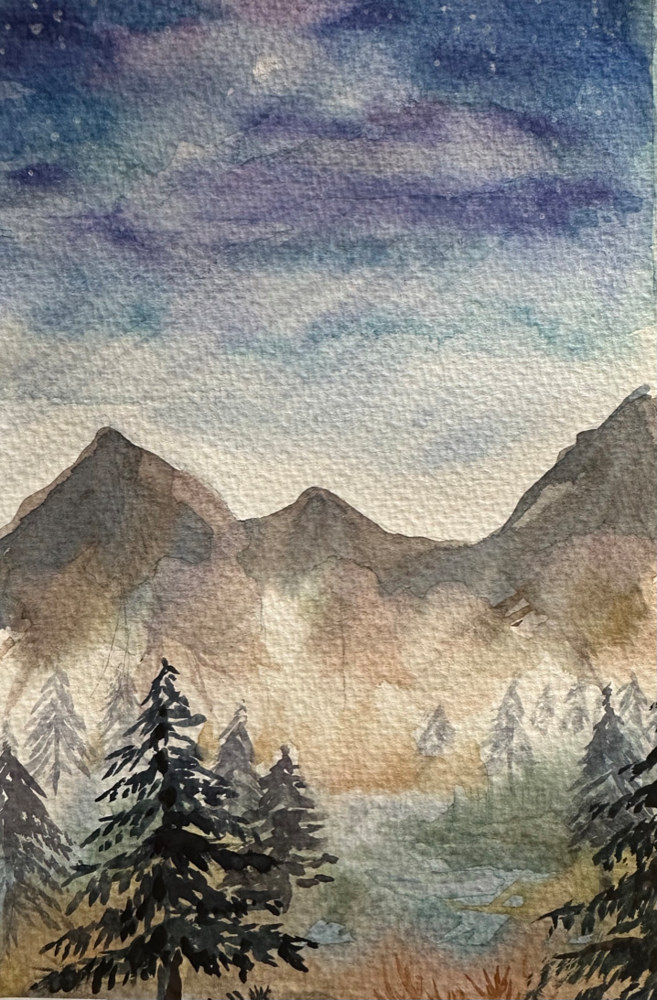 Watercolor Pine Lake Mist by Linnie Aikens Lindsay