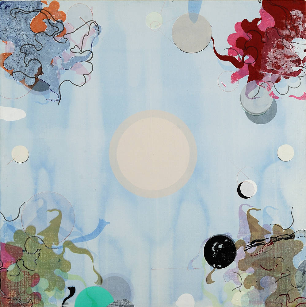 Moving Target, Sitting Duck, acrylic, watercolor pencil, screen printing on canvas, 24" x 24" 2014 by Judy Southerland